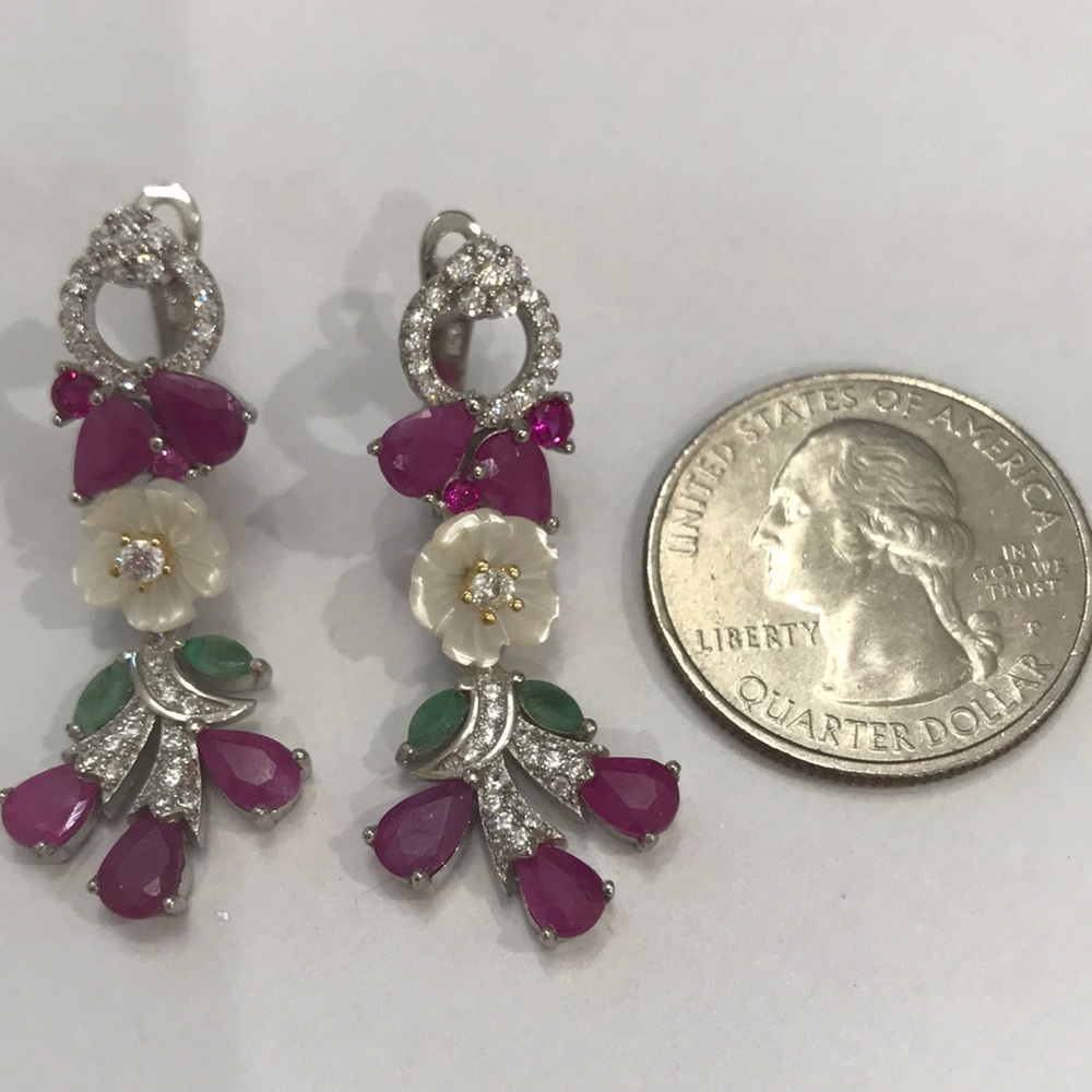 Real Ruby, Emerald & Mother of Pearl Earrings - Picture 2 of 4